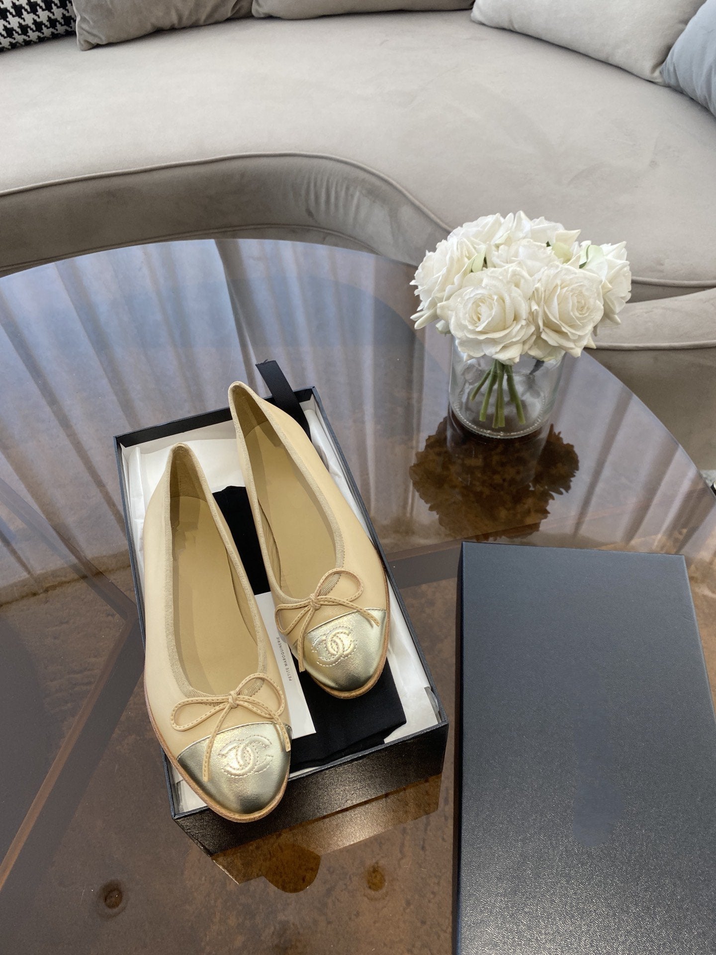 BALLET FLATS BEIGE SILVER LAMBSKIN CANVAS