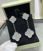 CLOVER 2 MOTIFS DIAMOND PAVED SILVER EARRINGS
