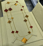 CLOVER 16 MOTIF CARNELIAN TIGER EYE PINK GOLD NECKLACE