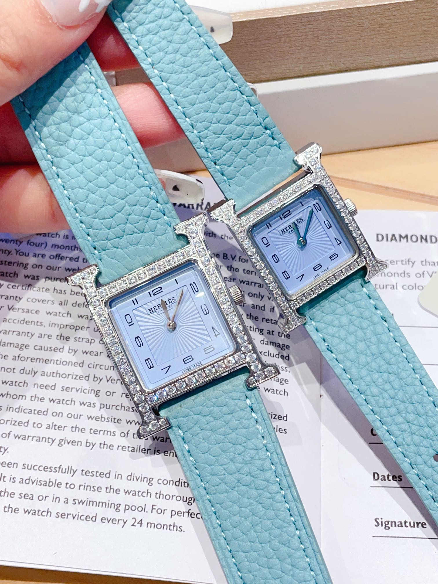 HM HEURE H 26 SILVER BLUE DIAL DIAMOND BEZEL EPSOM LEATHER