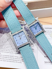 HM HEURE H 26 SILVER BLUE DIAL DIAMOND BEZEL EPSOM LEATHER