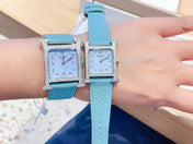 HM HEURE H 26 SILVER BLUE DIAL DIAMOND BEZEL EPSOM LEATHER