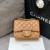 MINI SQUARE FLAP BAG 17CM BROWN LAMBSKIN GOLD HARDWARE