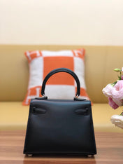 KELLY MINI 20 BAG IN BLACK SMOOTH CALFSKIN WITH SILVER HARDWARE