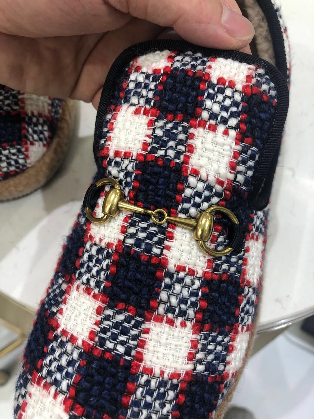 GG HORSEBIT LOAFER IN COLORFUL TWEED AND LAMB FUR LINING