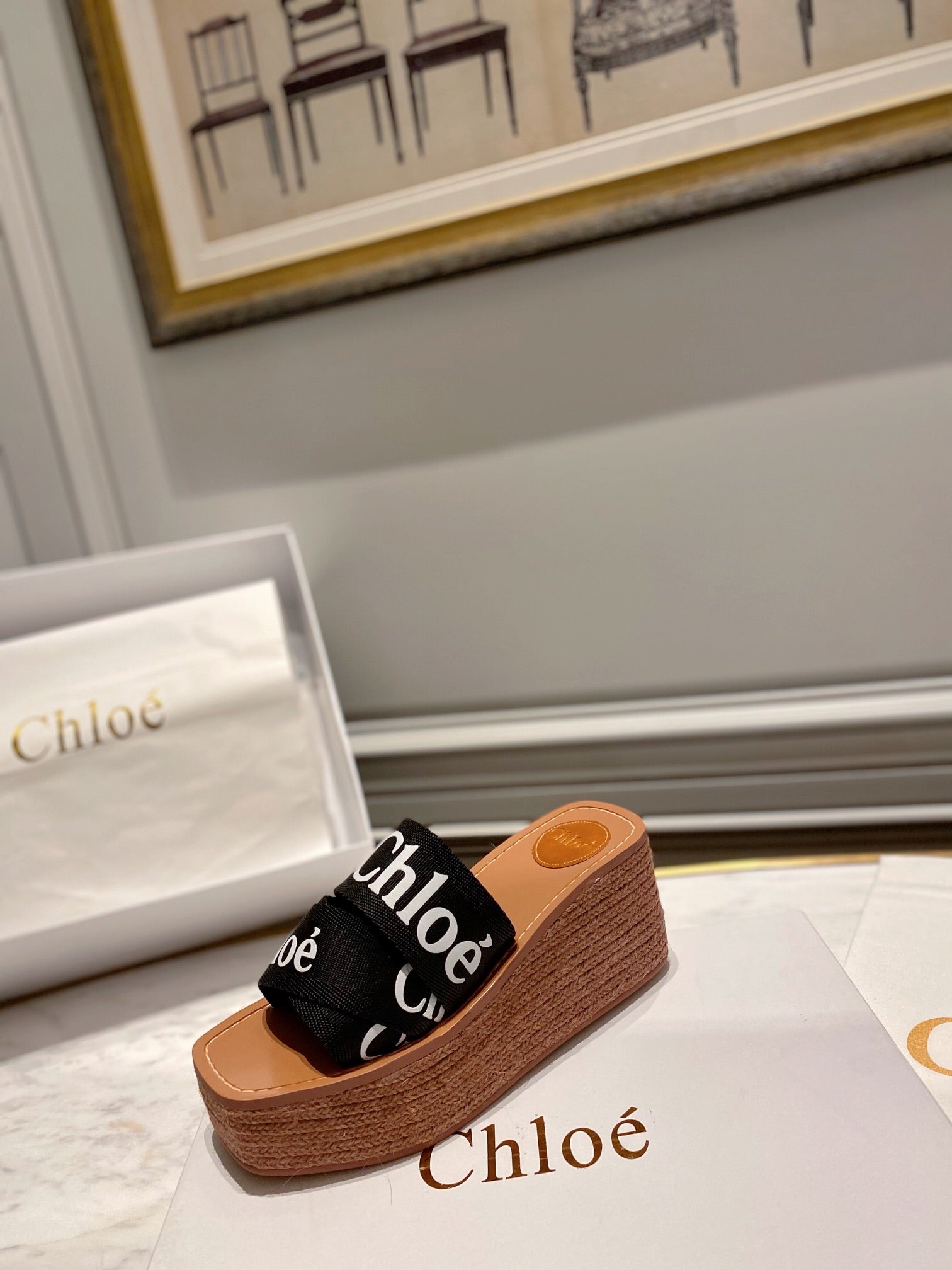 CHLOÉ WOODY WEDGE IN BLACK DENIM WITH WHITE LOGO