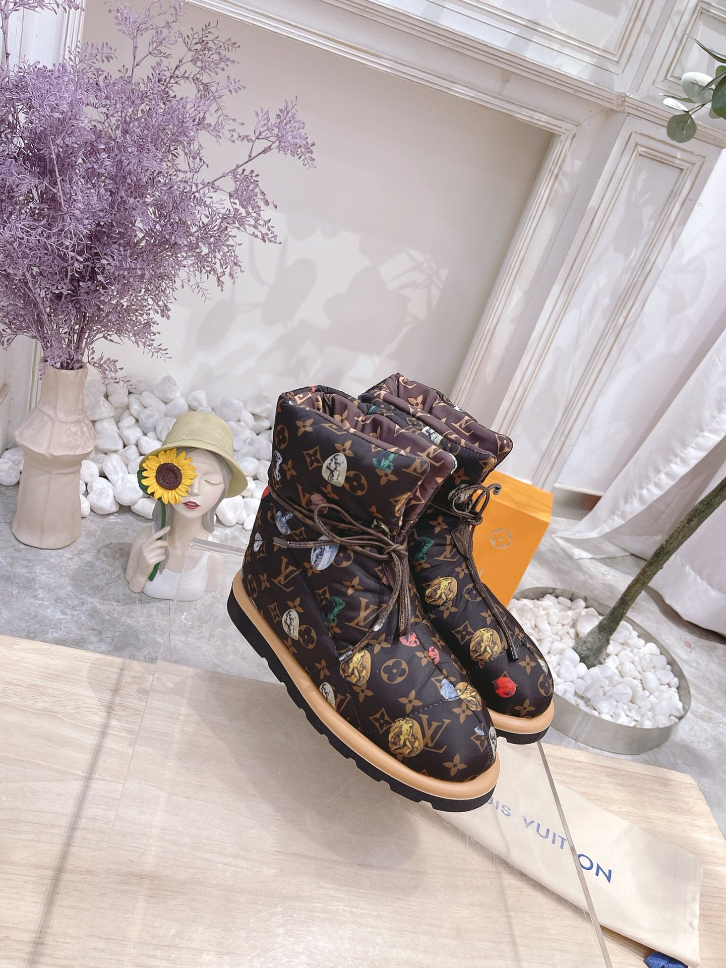 PILLOW COMFORT ANKLE BOOTS IN CHOCOLATE BROWN MONOGRAM NYLON