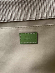LAGRE WOODY TOTE BAG 45 IN BEIGE LINEN CANVAS BLACK WEBBING LOGO EMBROIDER GREEN CALFSKIN
