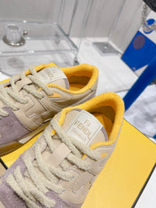 FENDI CASUAL SNEAKER IN TAN BEIGE CALFSKIN AND HEATHER PURPLE SUEDE