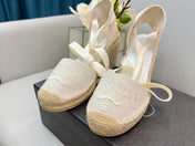 PRADA 26S ESPADRILLE HIGH HEEL SANDALS IN IVORY WHITE CANVAS