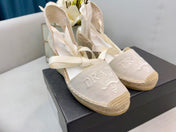 PRADA 26S ESPADRILLE HIGH HEEL SANDALS IN IVORY WHITE CANVAS