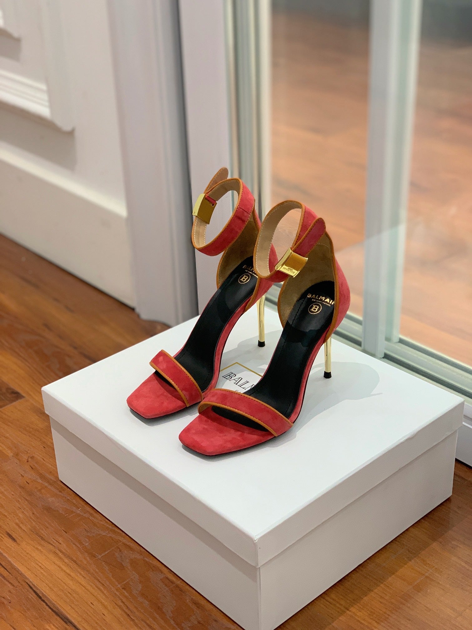 BALMAIN 25S UMA HEELED SANDALS 105MM IN RED SUEDE GOLD HARDWARE