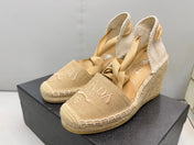 PRADA 26S ESPADRILLE HIGH HEEL SANDALS IN BEIGE CANVAS