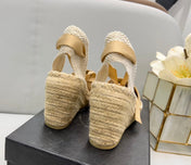 PRADA 26S ESPADRILLE HIGH HEEL SANDALS IN BEIGE CANVAS