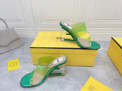 FENDI FIRST 95 MM HIGH-HEELED SANDAL IN GREEN FERN TPU FILM AND LAMBSKIN