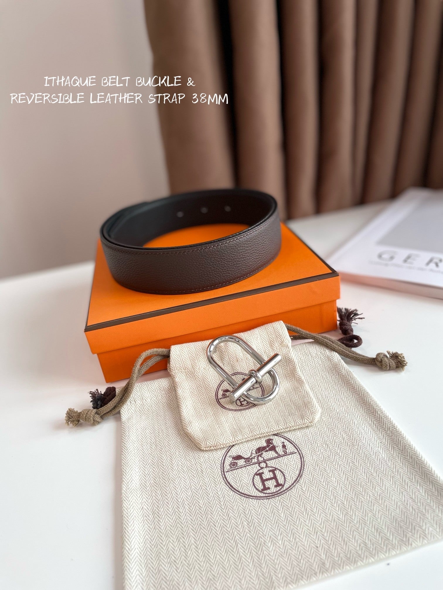 HM ITHAQUE BELT SILVER BUCKLE & REVERSIBLE CHOCOLATE BROWN AND BLACK LEATHER STRAP 38MM