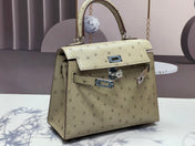 KELLY BAG 20 IN KHAKI TAN OSTRICH LEATHER WITH SILVER HARDWARE