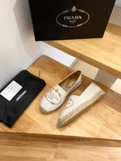 PRADA 26S EMBROIDERED LOGO ESPADRILLE FLATS IN IVORY WHITE CANVAS
