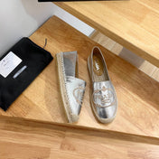 PRADA 26S EMBROIDERED LOGO ESPADRILLE FLATS IN SILVER CALFSKIN