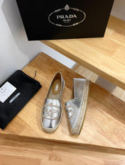 PRADA 26S EMBROIDERED LOGO ESPADRILLE FLATS IN SILVER CALFSKIN