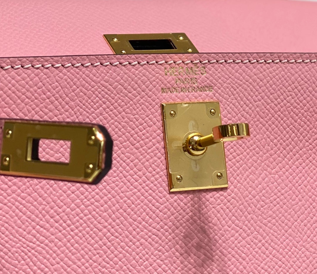 KELLY MINI 20 BAG IN ROUGE PINK CALFSKIN WITH GOLD HARDWARE
