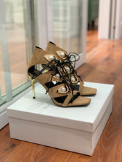 BALMAIN 25S HIGH HEELS 95MM IN LIGHT BROWN SUEDE WITH PEARL