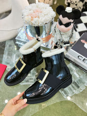 VIV' RANGERS CHELSEA BOOTIES IN PATENT BLACK CALFSKIN FLEECE LINING GOLD BUCKLE