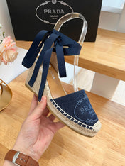 PRADA 26S ESPADRILLE HIGH HEEL SANDALS IN NAVY DENIM WITH LOGO