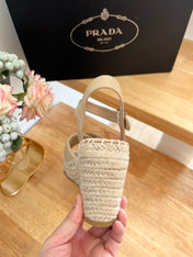 PRADA 26S CROSS STRAP ESPADRILLE WEDGE SANDALS IN BEIGE CALFSKIN