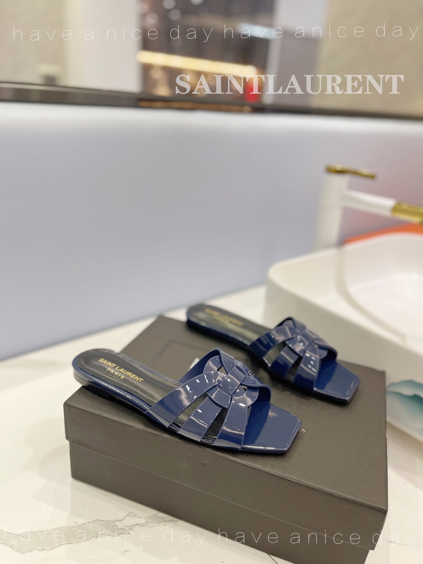 SL TRIBUTE SLIPPERS GLOSSY NAVY CALFSKIN