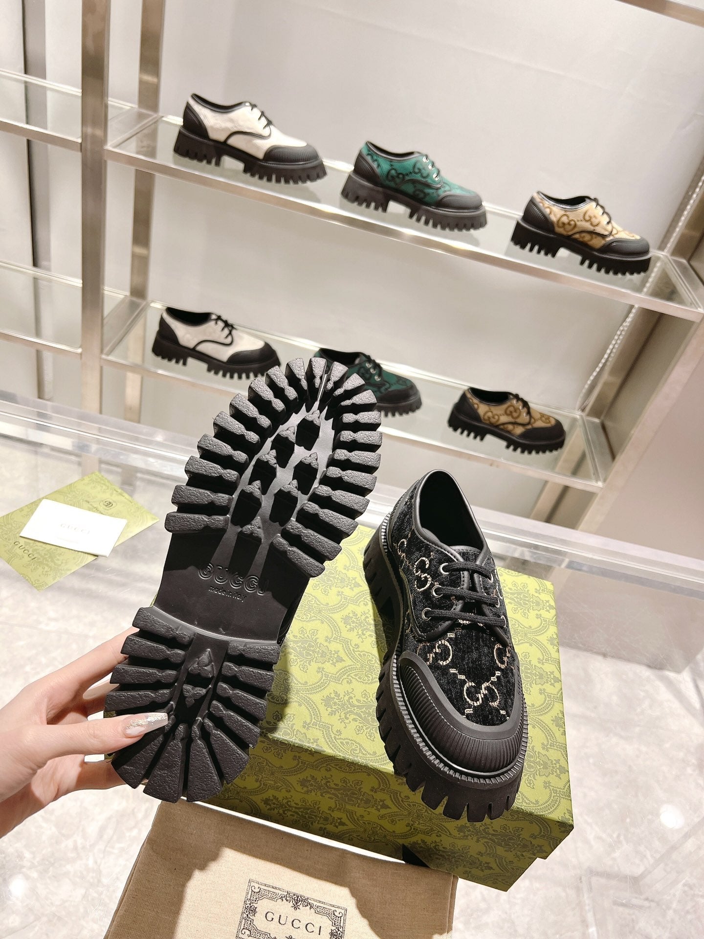 GUCCI 26S LACE-UP SHOES IN BLACK VELVET WITH GG LOGO PATTERN