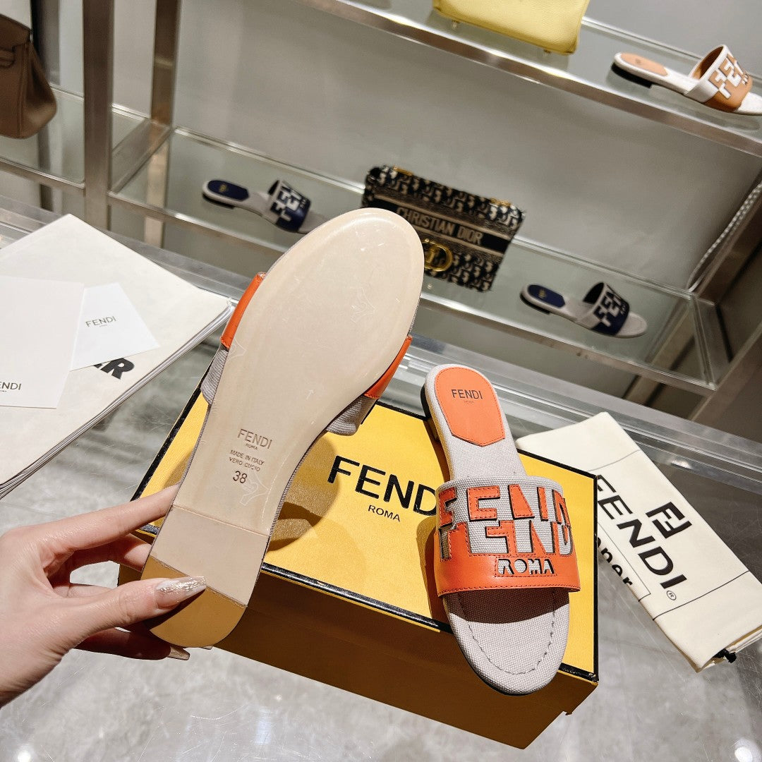 FF Women Roma Signature Orange Grey Canvas Leather Slide