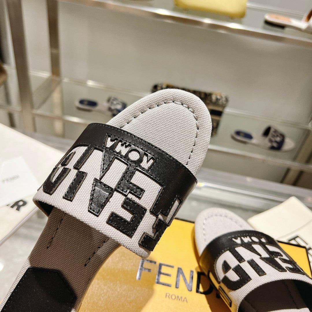 FF Women Roma Signature Black Grey Canvas Leather Slide