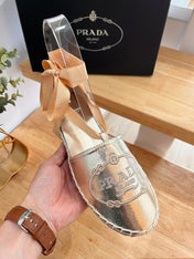 PRADA 26S LACE UP ESPADRILLE FLATS IN GOLD CALFSKIN