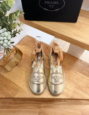 PRADA 26S LACE UP ESPADRILLE FLATS IN GOLD CALFSKIN