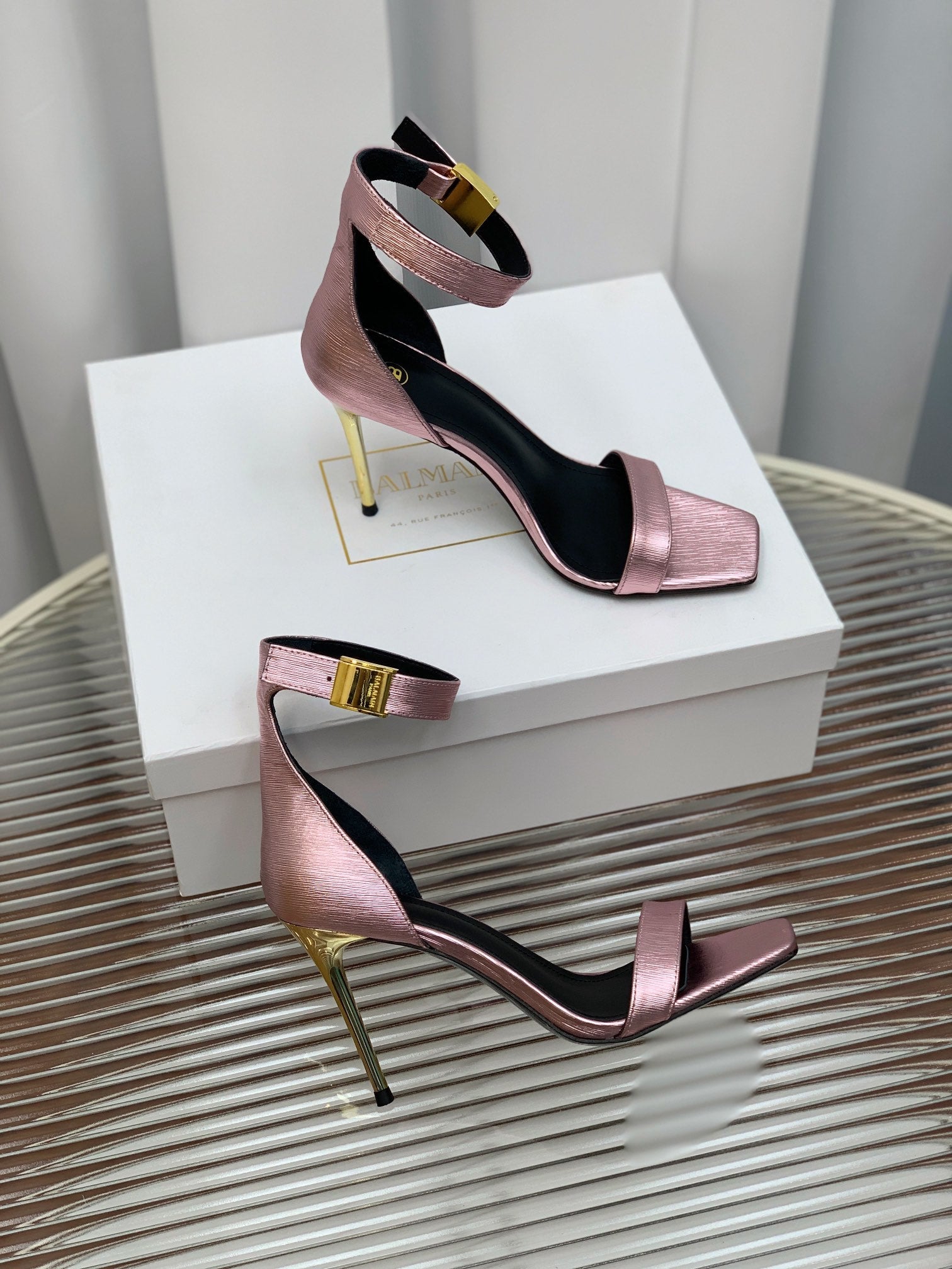 BALMAIN 25S METAL BUCKLE HIGH HEELS 95MM IN IRIDESCENT PURPLE CALFSKIN