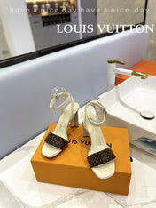 LV 26S HIGH HEEL SANDALS 80 MM IN BEIGE AND DARK BROWN MONOGRAM CANVAS WITH STUDS