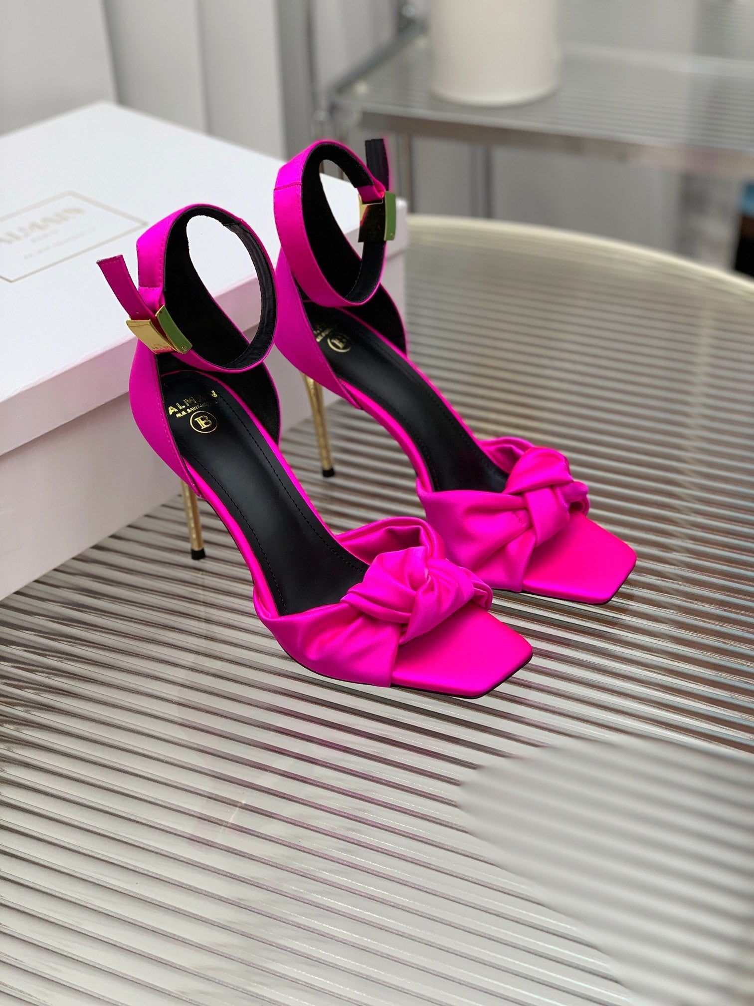 BALMAIN 25S KNOTTED HIGH HEELS 95MM IN NEON PINK SATIN