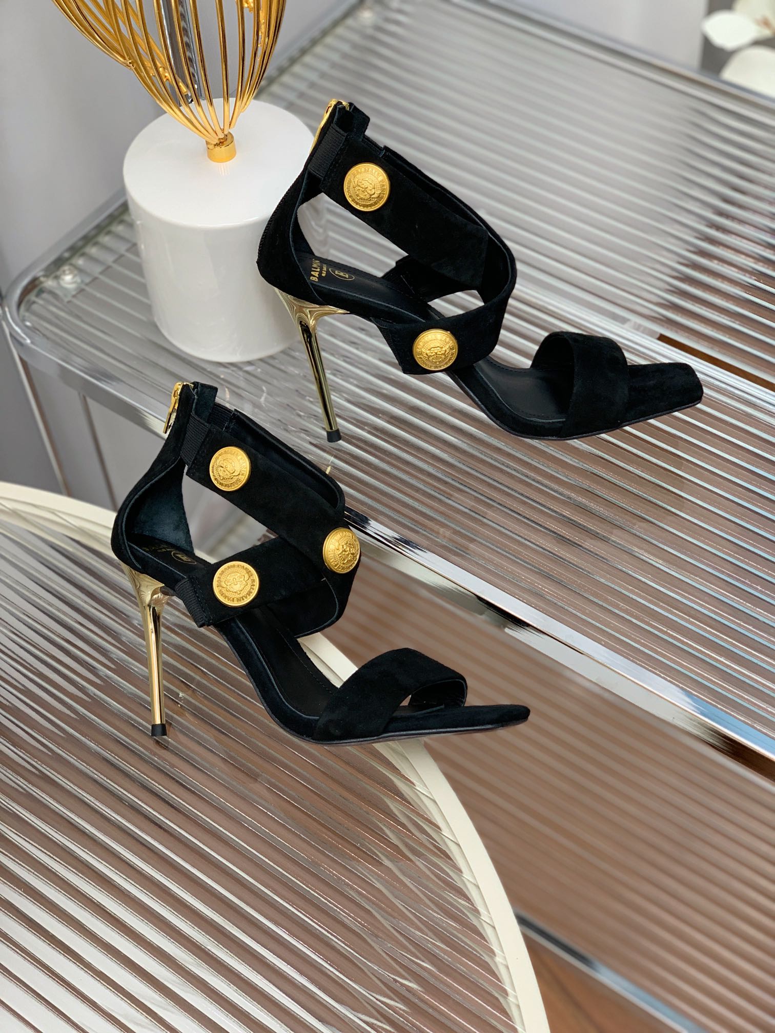 BALMAIN 25S CROSSOVER STRAP HIGH HEELS 95MM IN BLACK SUEDE