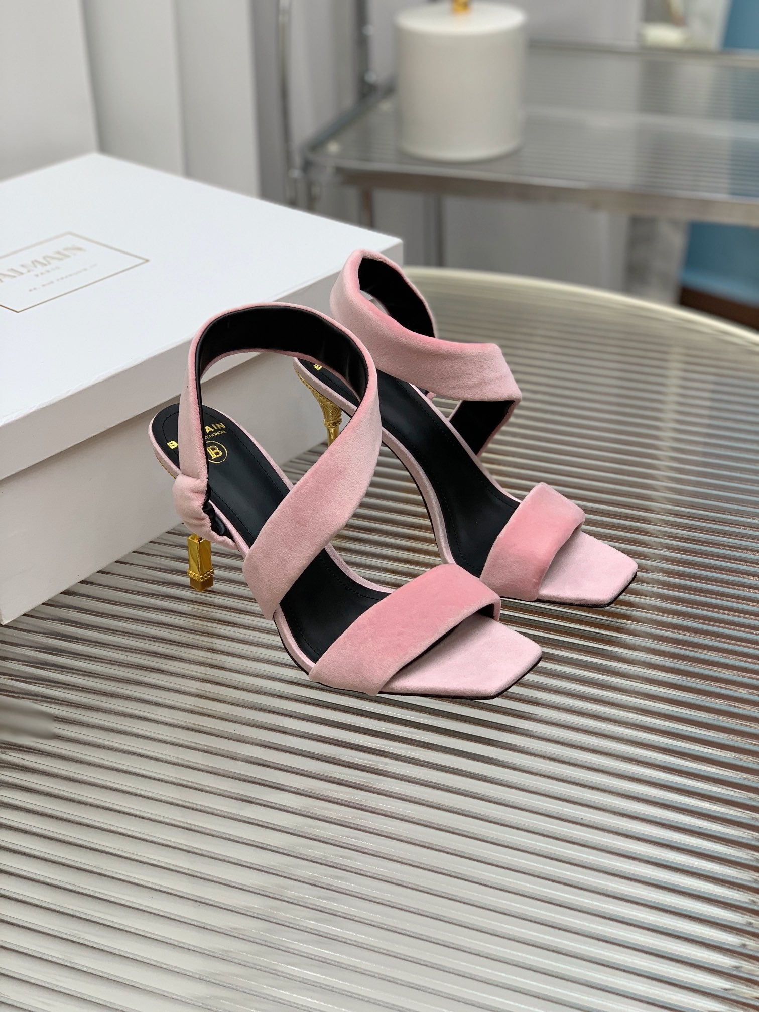 BALMAIN 25S MONETA HEELED SANDALS 95MM IN BABY PINK VELVET