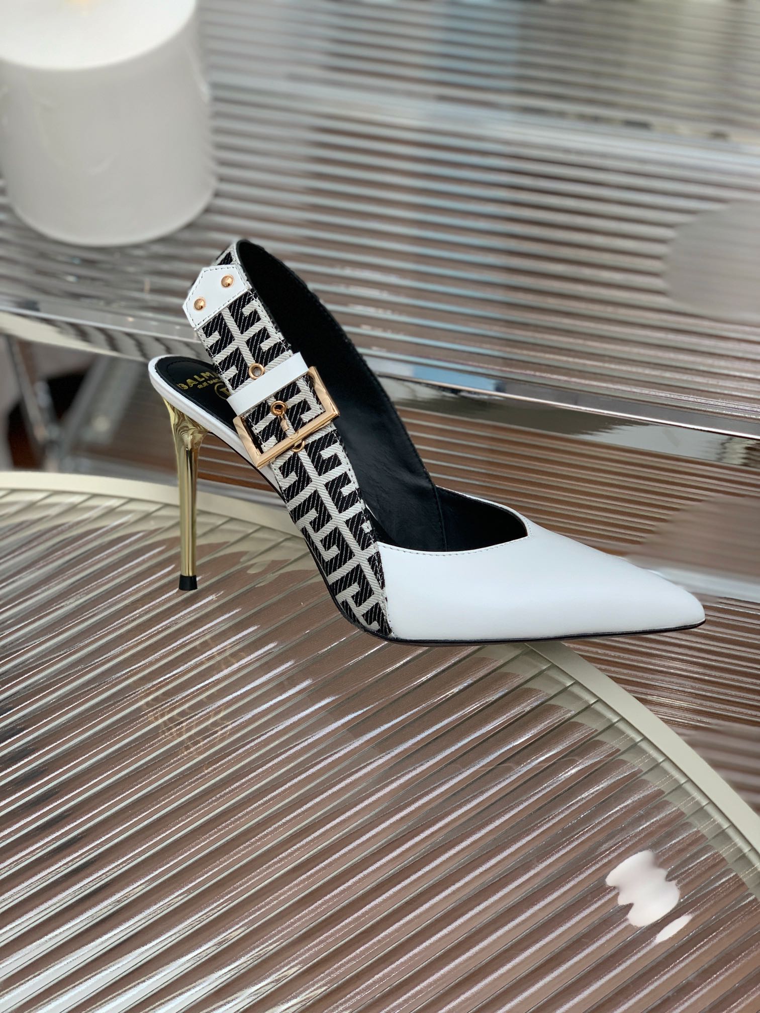 BALMAIN 25S SLINGBACK SHOES 95MM IN WHITE CALFSKIN