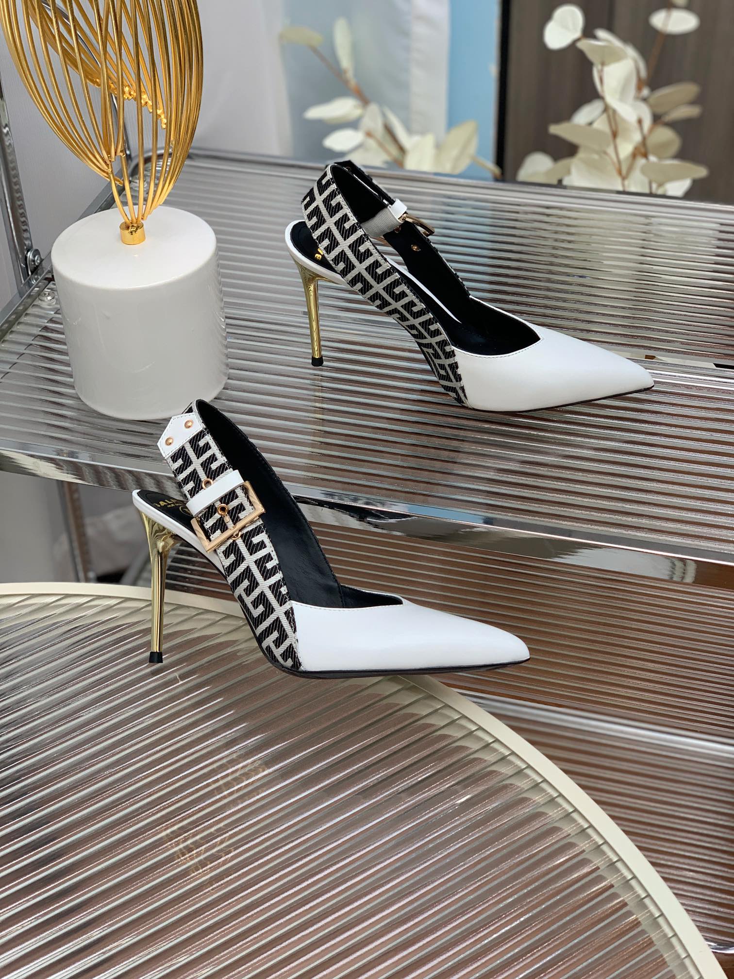 BALMAIN 25S SLINGBACK SHOES 95MM IN WHITE CALFSKIN