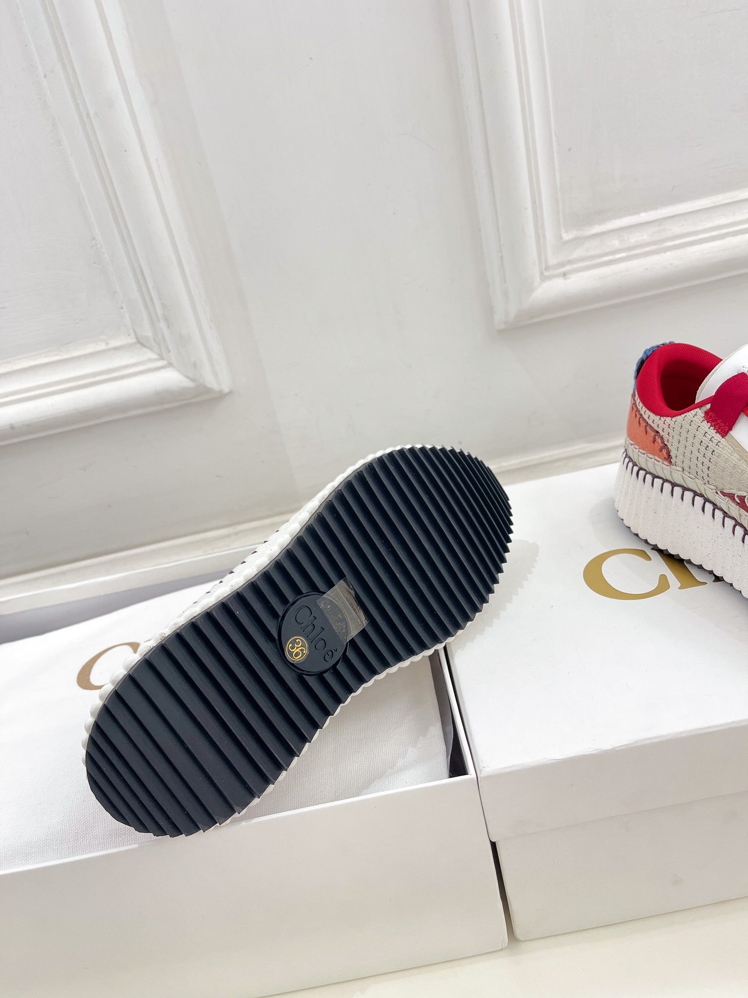 CHLOÉ NAMA SNEAKER IN CHERRY RED MIX COLORFUL SPECIAL FABRIC