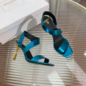 BALMAIN 25S HIGH HEEL SANDALS 95MM IN PETROL BLUE GLOSSY CALFSKIN