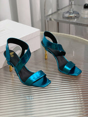 BALMAIN 25S HIGH HEEL SANDALS 95MM IN PETROL BLUE GLOSSY CALFSKIN