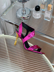 BALMAIN 25S HIGH HEEL SANDALS 95MM IN MAGENTA GLOSSY CALFSKIN