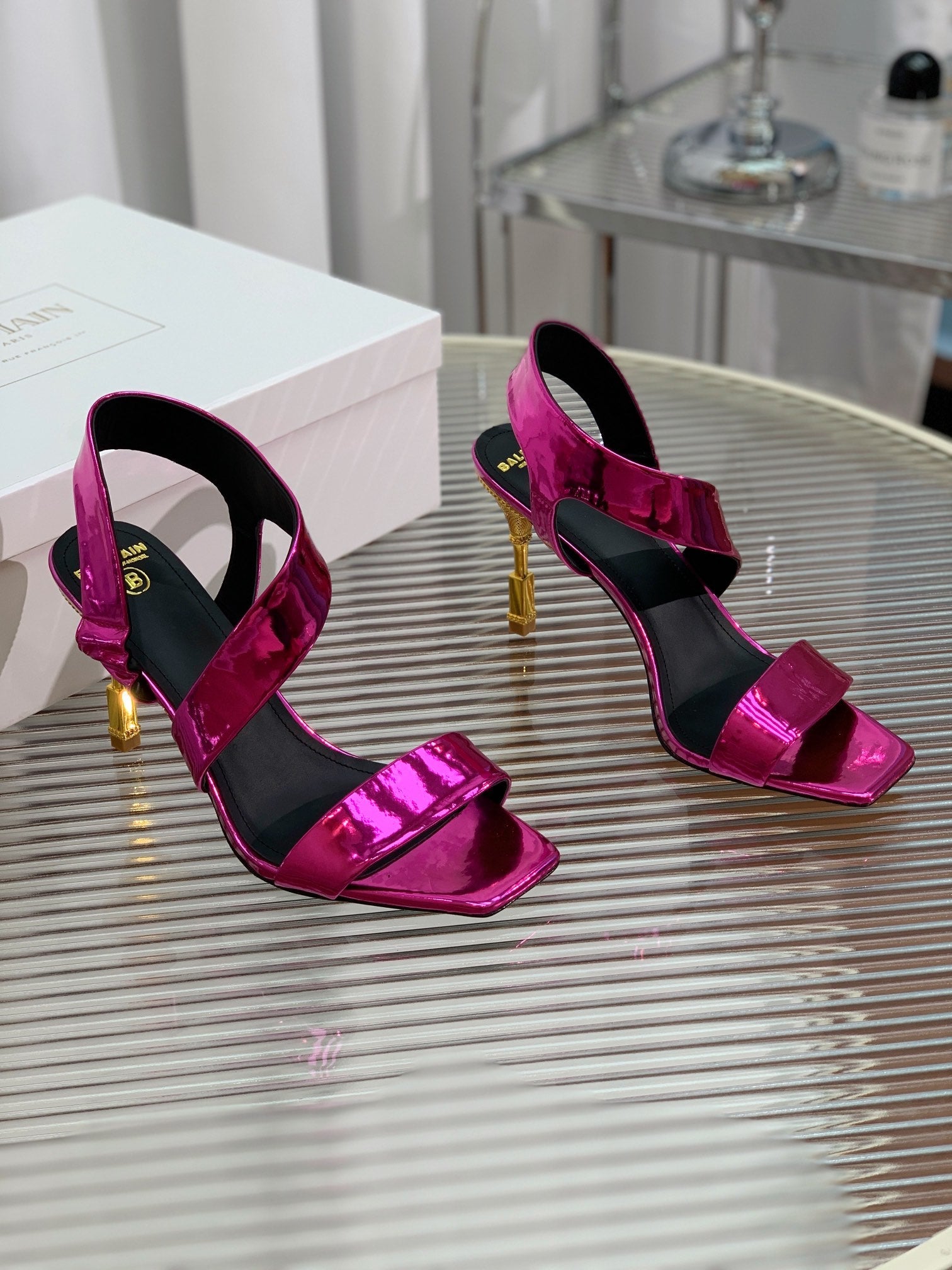 BALMAIN 25S HIGH HEEL SANDALS 95MM IN MAGENTA GLOSSY CALFSKIN