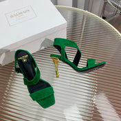 BALMAIN 25S HIGH HEEL SANDALS 95MM IN DARK GREEN SUEDE