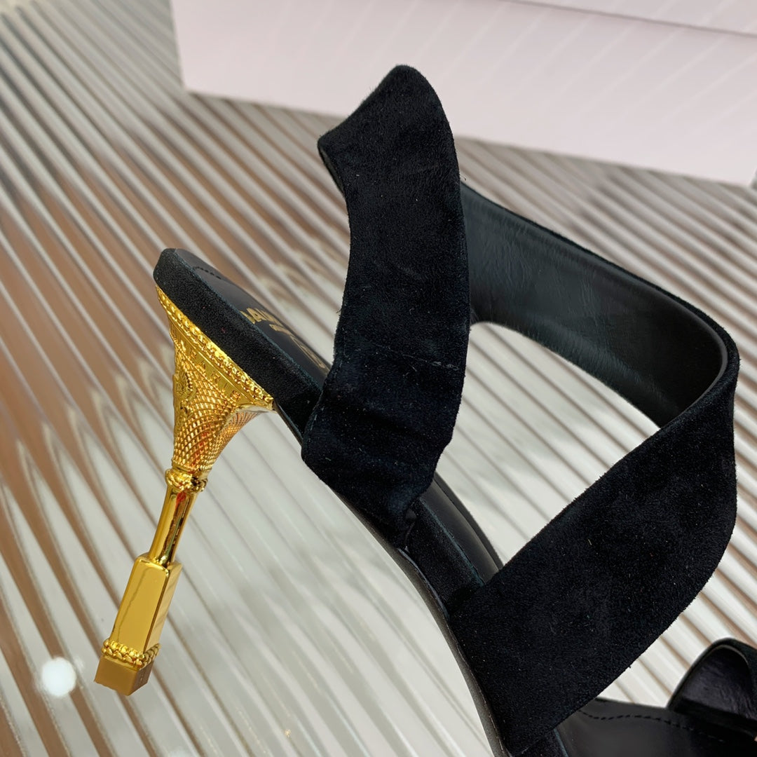 BALMAIN 25S HIGH HEEL SANDALS 95MM IN BLACK SUEDE