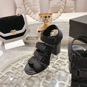 Double C  Xiaoxiang Chain Fabric Head Chunky Heel Sandals Black Lambskin